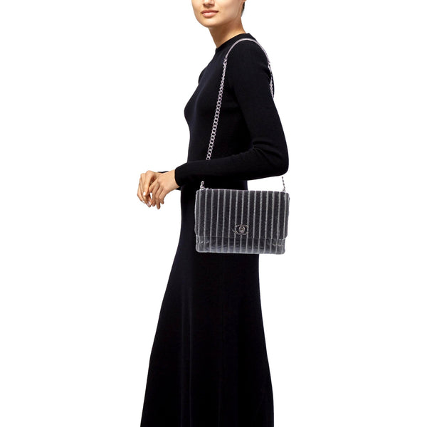 Chanel Black Vertical Stitch Flap Bag CC Logo Silver Chain Shoulder Bag in Black, authentic pre-loved handbag, image 5