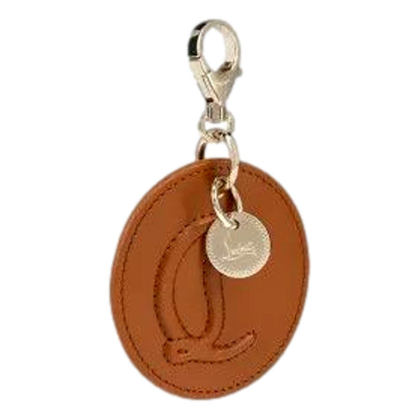 Christian Louboutin Round Leather Logo Brown Bag Charm Keychain in Tan Brown, authentic new keychain, image 3