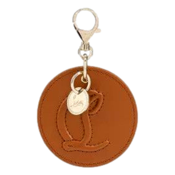 Christian Louboutin Round Leather Logo Brown Bag Charm Keychain in Tan Brown, authentic new keychain, image 1