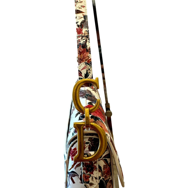 Dior Saddle Floral Bird Print Leather Crossbody Bag with Gold Charm – detail view 3