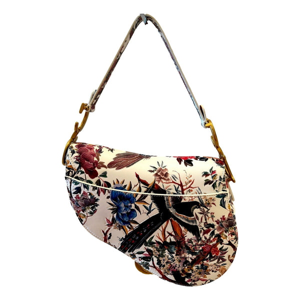 Dior Saddle Floral Bird Print Leather Crossbody Bag with Gold Charm – detail view 4