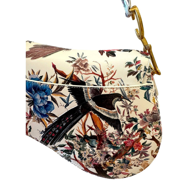 Dior Saddle Floral Bird Print Leather Crossbody Bag with Gold Charm – detail view 5