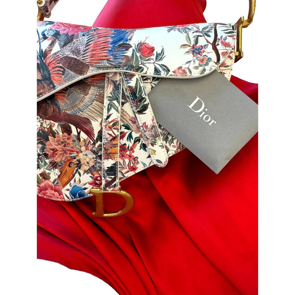 Dior Saddle Floral Bird Print Leather Crossbody Bag with Gold Charm – detail view 6