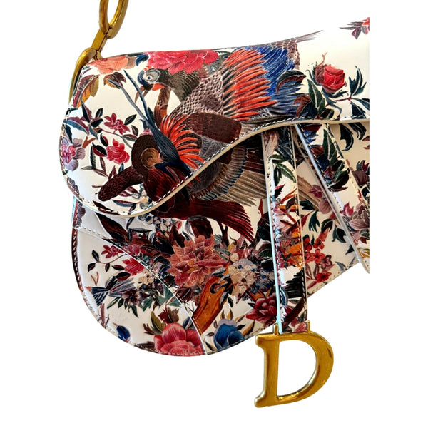 Dior Saddle Floral Bird Print Leather Crossbody Bag with Gold Charm – detail view 2