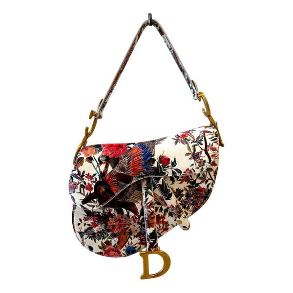 Dior Saddle Floral Bird Print Leather Crossbody Bag with Gold Charm – front view