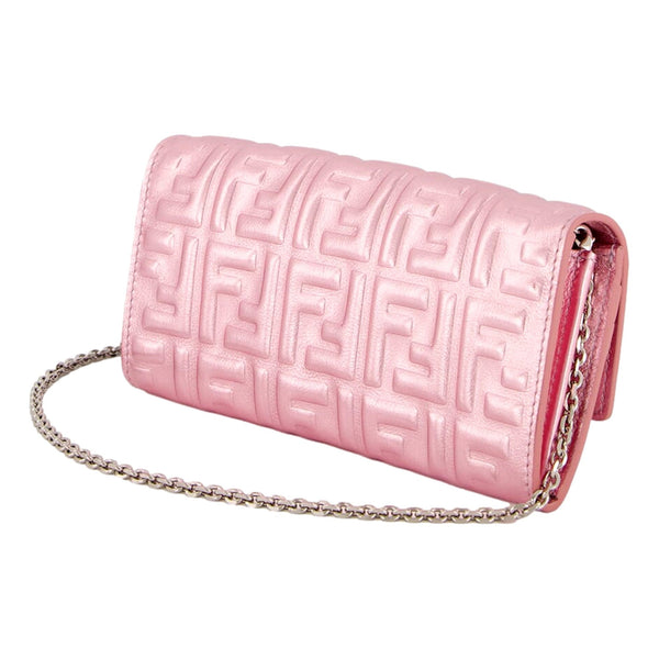 Fendi Baguette Wallet on Chain Metallic Pink FF Embossed Crossbody Bag in Metallic Pink, authentic new handbag, image 3