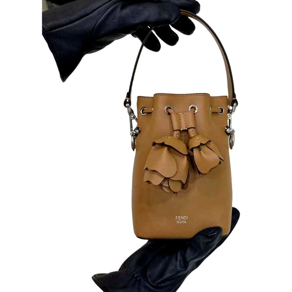 FENDI Calfskin F is 3D Flower Mini Mon Tresor Bucket Bag Brown Tan in Brown, authentic new handbag, image 1
