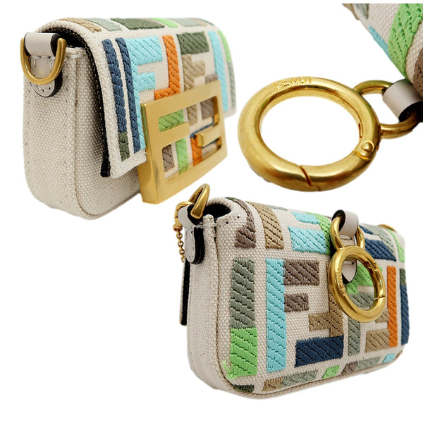 Fendi Canvas FF Embroidery Nano Baguette Charm Beige Multicolor in Beige / Multicolor, authentic new handbag, image 5