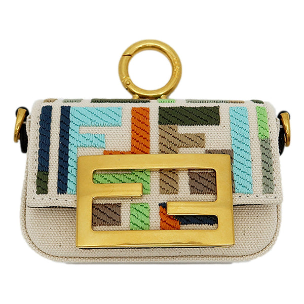 Fendi Canvas FF Embroidery Nano Baguette Charm Beige Multicolor in Beige / Multicolor, authentic new handbag, image 1
