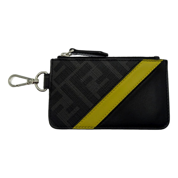 Fendi Diagonal Black Sunflower Yellow Calf Leather Coincase Keychain Wallet in Black, authentic new wallet, image 2