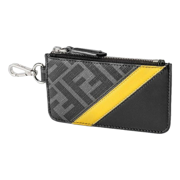 Fendi Diagonal Black Sunflower Yellow Calf Leather Coincase Keychain Wallet in Black, authentic new wallet, image 1