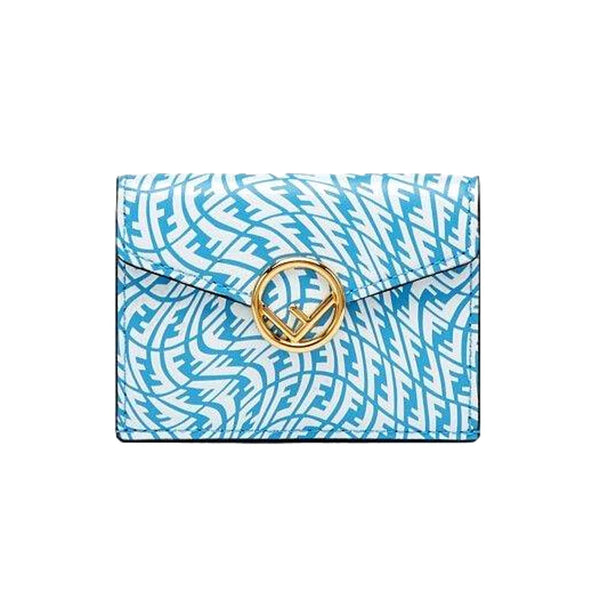 Fendi F is Fendi Cyber Blue Leather Vertigo Print Small Trifold Wallet in Cyber Blue, authentic new wallet, image 1