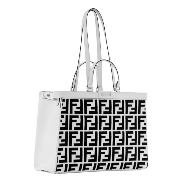 Fendi FF Canvas X-Tote Bag Black White Leather Trim Turn Lock in Black and White, authentic new handbag, image 2