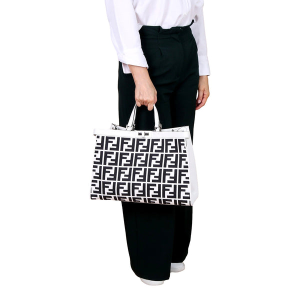Fendi FF Canvas X-Tote Bag Black White Leather Trim Turn Lock in Black and White, authentic new handbag, image 9