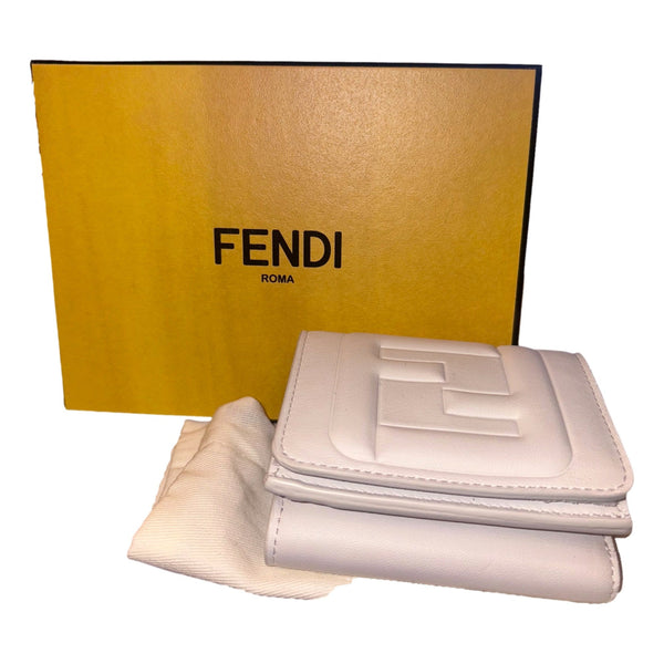 Fendi FF Cube Embossed Logo Bianco Ice White Leather Trifold in White, authentic new wallet, image 7