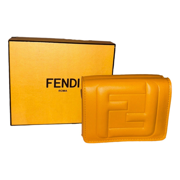 Fendi FF Cube Embossed Logo Oro Yellow Leather Trifold in Yellow, authentic new wallet, image 8