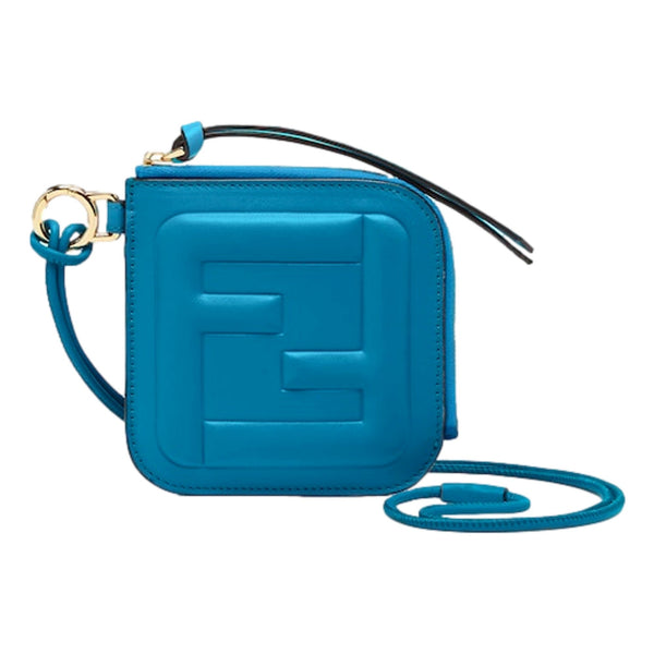 Fendi FF Cube Embossed Small Zip Wallet Mare Blue Leather with Strap in Blue, authentic new wallet, image 1