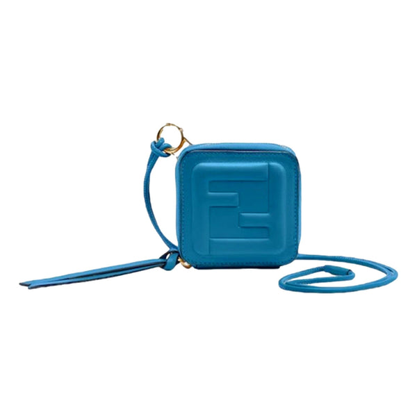 Fendi FF Cube Embossed Small Zip Wallet Mare Blue Leather with Strap in Blue, authentic new wallet, image 4