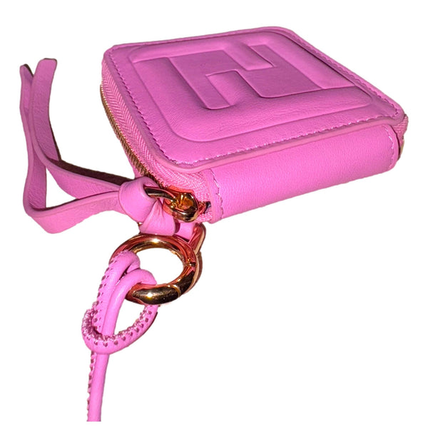 Fendi FF Cube Embossed Small Zip Wallet Pink Leather with Strap in Pink, authentic new wallet, image 5