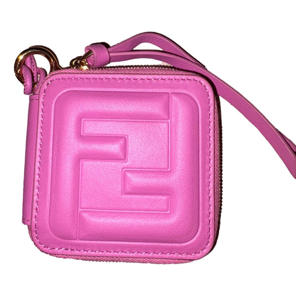 Fendi FF Cube Embossed Small Zip Wallet Pink Leather with Strap in Pink, authentic new wallet, image 2