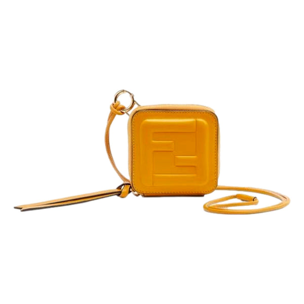 Fendi FF Cube Embossed Small Zip Wallet Yellow Leather with Strap in Yellow, authentic new wallet, image 1