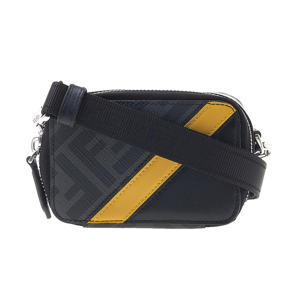 Fendi FF Diagonal Stripe Mini Camera Crossbody Bag Black Canvas Leather – front view