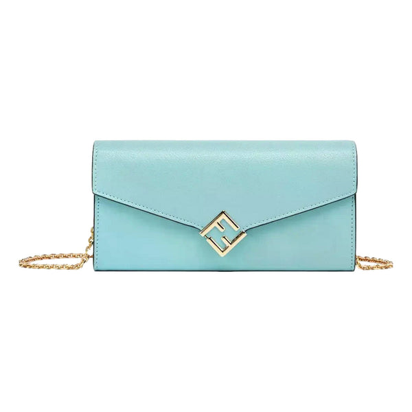 Fendi FF Diamonds Light Blue Calfskin Leather Continental Wallet on Chain Gold Hardware – detail view 5
