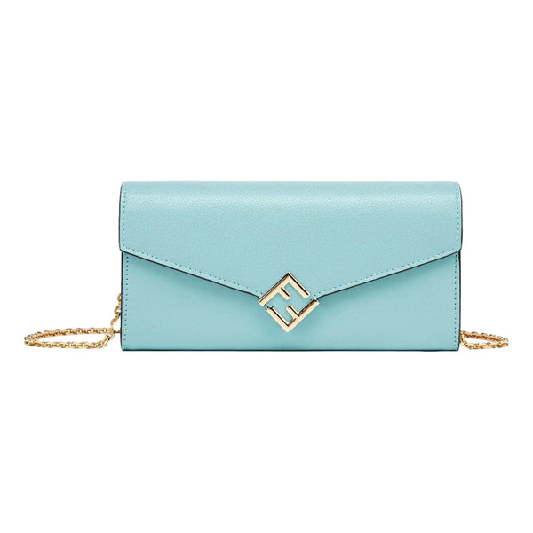 Fendi FF Diamonds Light Blue Calfskin Leather Continental Wallet on Chain Gold Hardware – front view