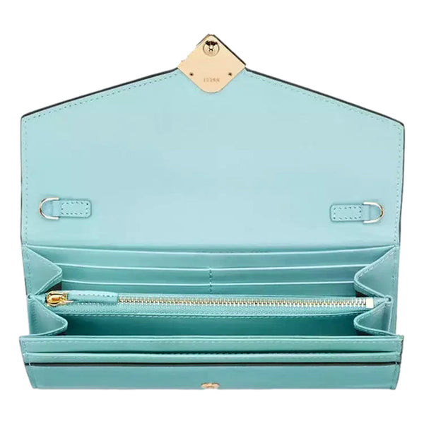 Fendi FF Diamonds Light Blue Calfskin Leather Continental Wallet on Chain Gold Hardware – interior view