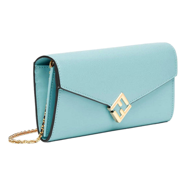 Fendi FF Diamonds Light Blue Calfskin Leather Continental Wallet on Chain Gold Hardware – side view