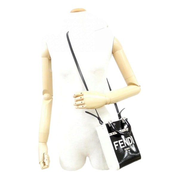 FENDI FF Mini Bag Shopper Tote Crossbody Bag Leather and Canvas Black in Black and White, authentic new handbag, image 6