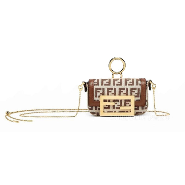 Fendi FF Canvas Nano Baguette Charm Crossbody Bag Brown White Gold Hardware – front view