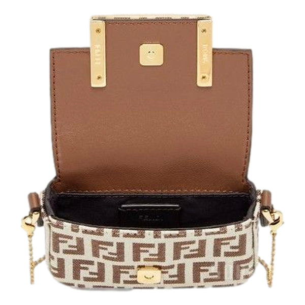 Fendi FF Canvas Nano Baguette Charm Crossbody Bag Brown White Gold Hardware – interior view
