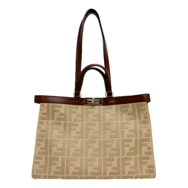 Fendi FF Peekaboo X-Lite Brown Beige Canvas and Leather Tote in Beige and Brown, authentic new handbag, image 1