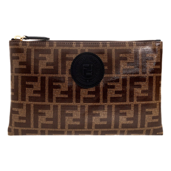 Fendi FF Zucca Brown Coated Canvas Flat Zipper Pouch Clutch in Brown, authentic new handbag, image 1