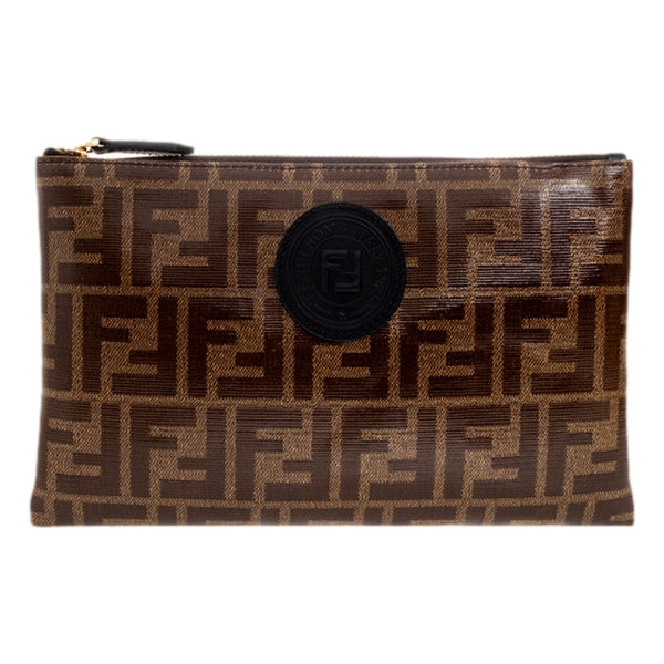 Fendi FF Zucca Brown Coated Canvas Flat Zipper Pouch Clutch in Brown, authentic new handbag, image 6