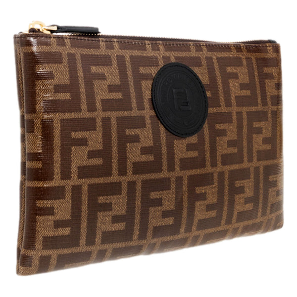 Fendi FF Zucca Brown Coated Canvas Flat Zipper Pouch Clutch in Brown, authentic new handbag, image 2