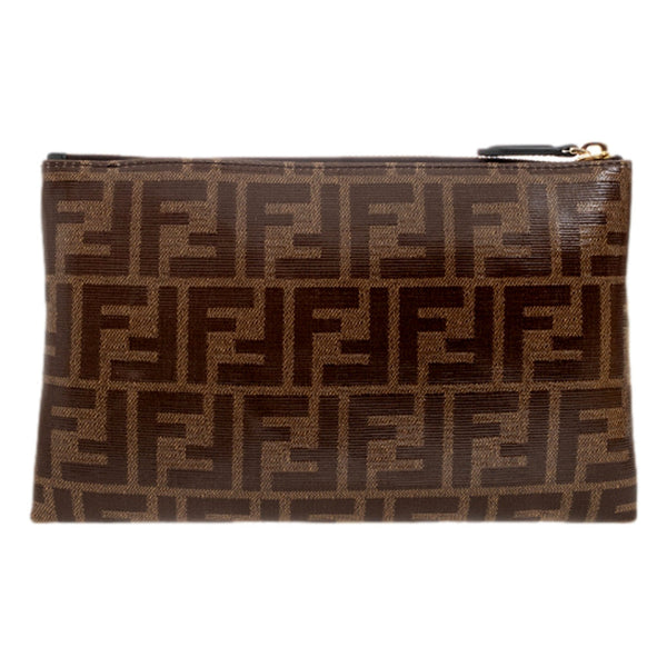 Fendi FF Zucca Brown Coated Canvas Flat Zipper Pouch Clutch in Brown, authentic new handbag, image 3