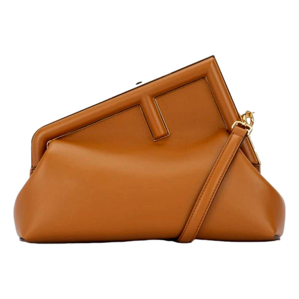 Fendi First Midi Clutch Crossbody in Caramel Brown Nappa Leather with Gold FF Logo – back view