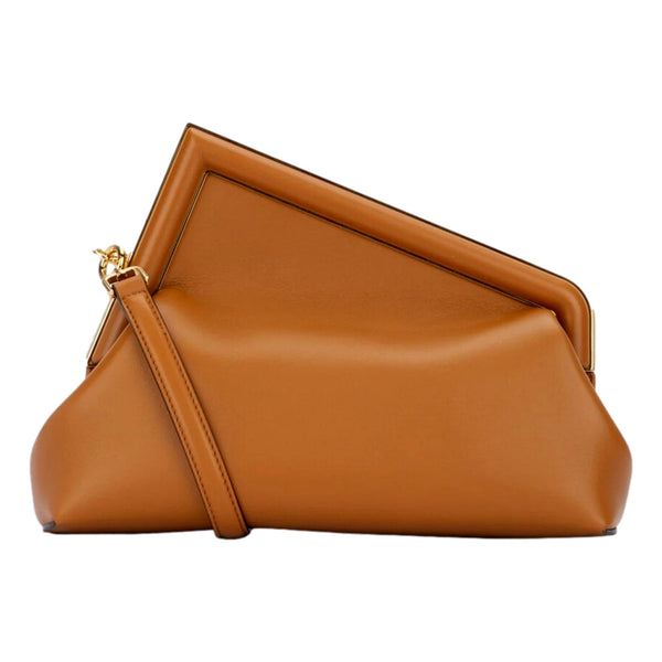 Fendi First Midi Clutch Crossbody in Caramel Brown Nappa Leather with Gold FF Logo – front view
