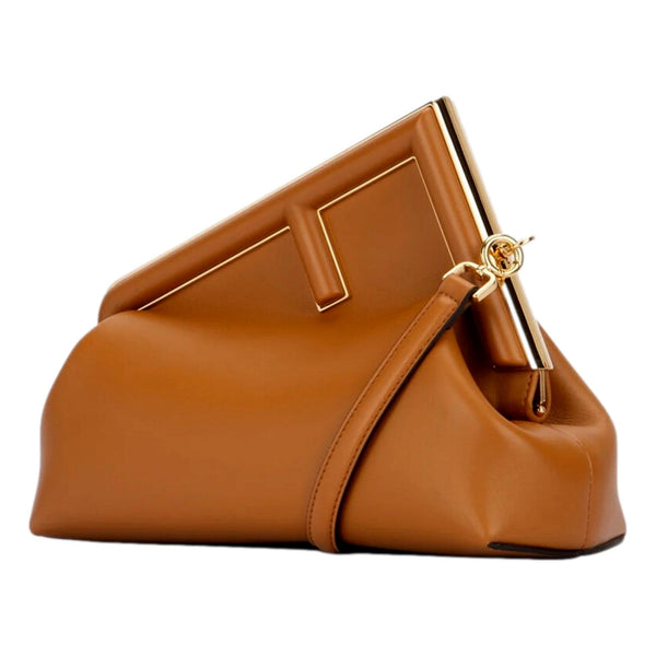 Fendi First Midi Clutch Crossbody in Caramel Brown Nappa Leather with Gold FF Logo – side view