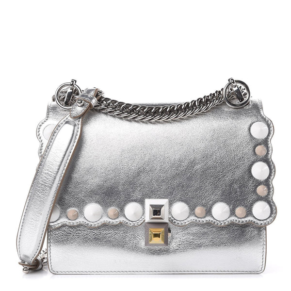 Fendi Kan I Metallic Silver Calfskin Scalloped Studded Bag in Silver, authentic new handbag, image 1