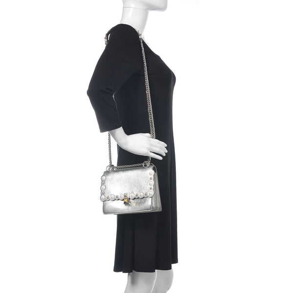 Fendi Kan I Metallic Silver Calfskin Scalloped Studded Bag in Silver, authentic new handbag, image 9
