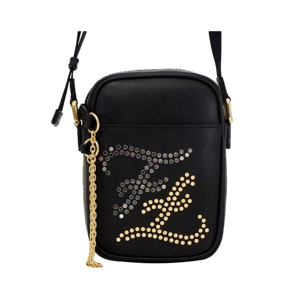 Fendi Karligraphy Studded Black Leather Small Crossbody Bag in Black, authentic new handbag, image 1
