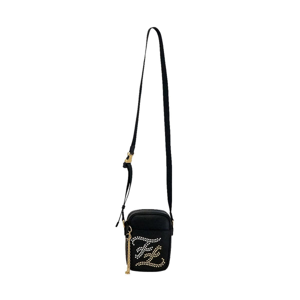 Fendi Karligraphy Studded Black Leather Small Crossbody Bag in Black, authentic new handbag, image 2