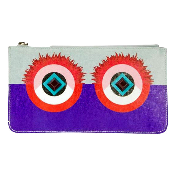 Fendi Monster Zip Pouch Clutch Cosmetic Bag Travel Purple Blue Leather in Blue, authentic new wallet, image 1