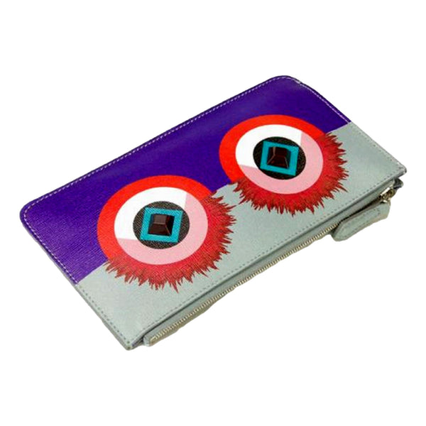 Fendi Monster Zip Pouch Clutch Cosmetic Bag Travel Purple Blue Leather in Blue, authentic new wallet, image 2
