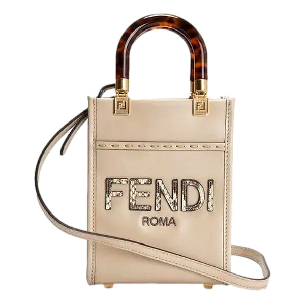 Fendi Mini Sunshine Shopper Tote Crossbody Nude Calfskin Snake Print in Nude, authentic new handbag, image 1