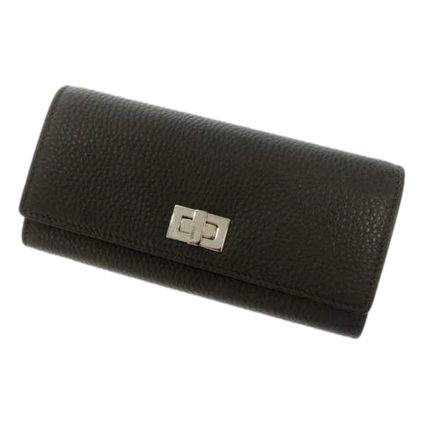 Fendi Peekaboo Turn Lock Black Grained Leather Continental Long Wallet Silver Hardware – front view