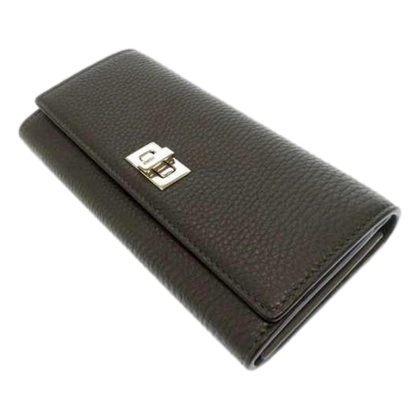 Fendi Peekaboo Turn Lock Black Grained Leather Continental Long Wallet Silver Hardware – side view